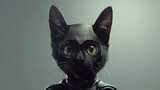 A black cat with striking yellow eyes is wearing a sleek leather outfit