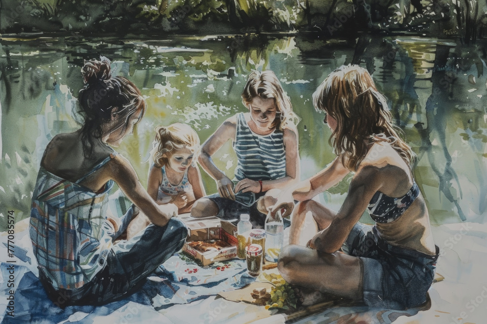 Watercolor painting depicting a family enjoying a picnic by a lake, with parents preparing food while children play and ducks swim nearby