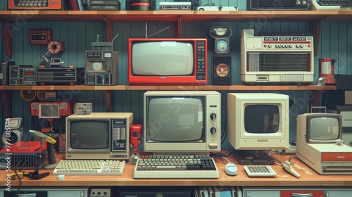A shelf full of old televisions and computers. Scene is nostalgic and reminiscent of the past