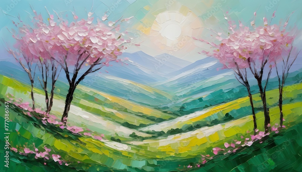 Spring pink cherry blossom trees landscape with hills into distant atmospheric horizon and clear sky, abstract oil painting