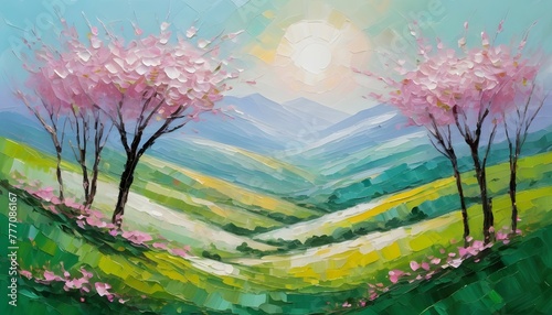 Spring pink cherry blossom trees landscape with hills into distant atmospheric horizon and clear sky  abstract oil painting