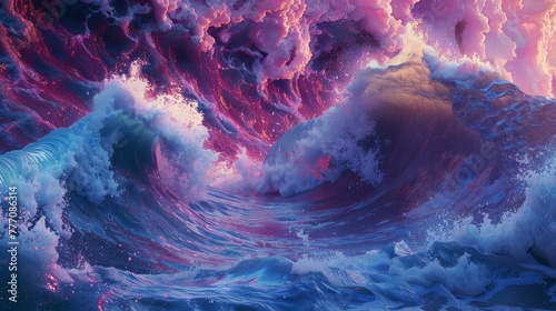 A wave of water with a purple and pink sky in the background. The sky is filled with clouds and the water is crashing against the shore