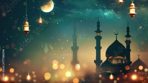 Ramadan Kareem festive background with intricate lanterns, crescent moon, and stars in a twilight sky