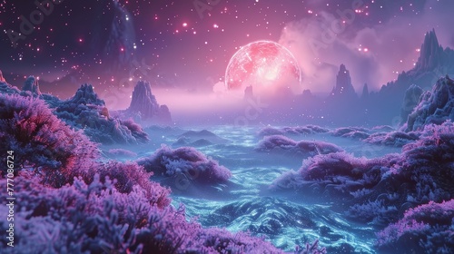 A beautiful, colorful, and serene landscape with a pink moon and a red planet in the background