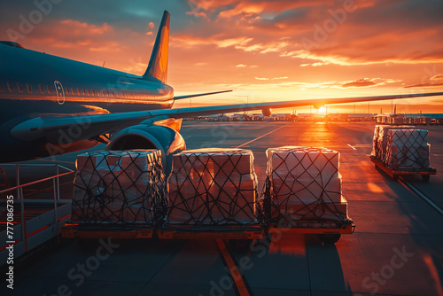 Loading cargo on a plane at vibrant orange pink sunset in the background. Golden hour at the airport.