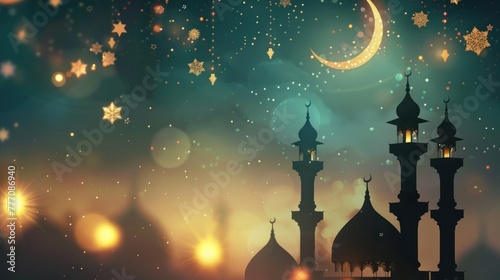 Ramadan themed backdrop with mosque silhouette and a starry night sky with festive lights