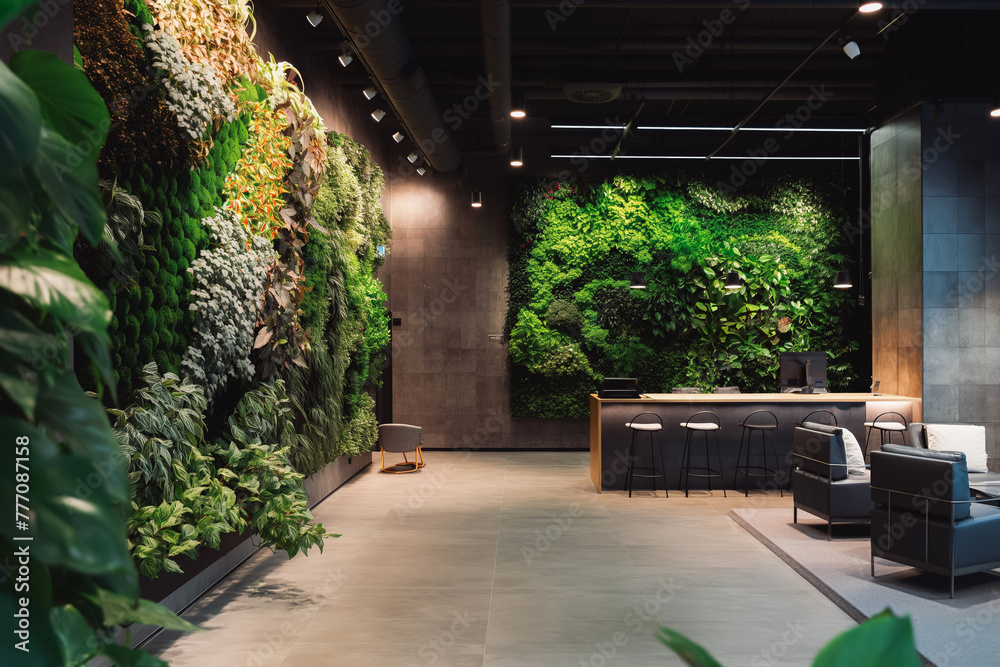 Modern gardening landscaping design details. Urban eco friendly vertical garden indoors. Green living wall with perennial plants. Modern open plan area with greenery Modern gardening landscaping design details. Urban eco friendly vertical garden indoors. Green living wall with perennial plants. Modern open plan area with greenery