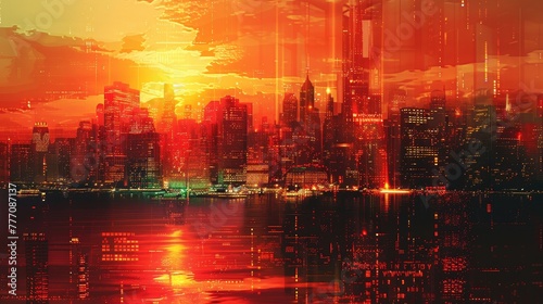 A city skyline with a red sun in the background. The city is lit up at night, creating a warm and inviting atmosphere