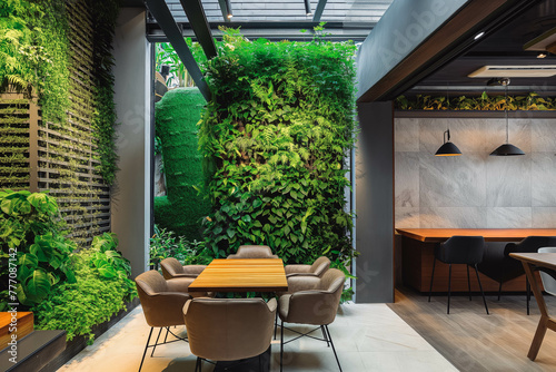 Modern gardening landscaping design details. Urban eco friendly vertical garden indoors. Green living wall with perennial plants. Modern open plan area with greenery