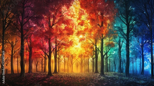 A colorful forest with trees of different colors. The colors are red, yellow, and blue. Scene is bright and cheerful