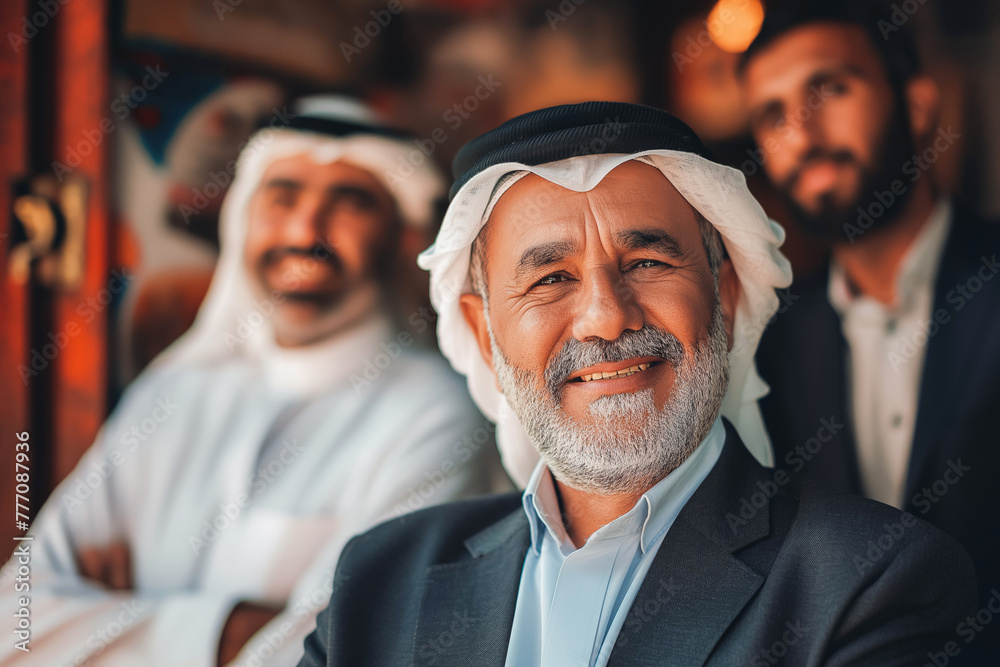 Portrait of Arab middle aged man wearing traditional while clothes with his business partners. Portrait of Arab middle aged man wearing traditional while clothes with his business partners.