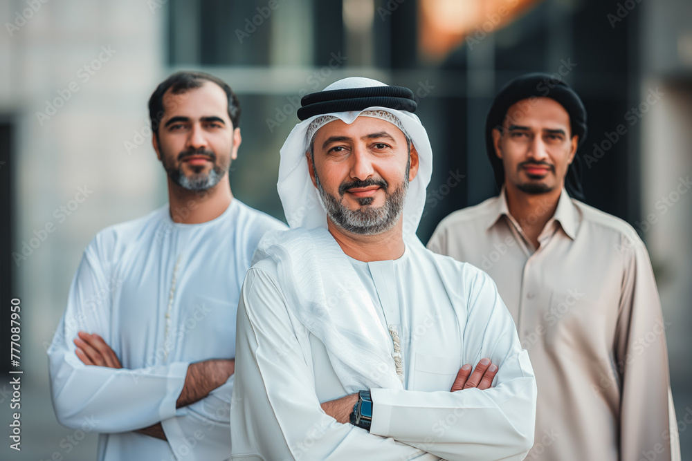 Portrait of Arab middle aged man wearing traditional while clothes with his business partners. Portrait of Arab middle aged man wearing traditional while clothes with his business partners.