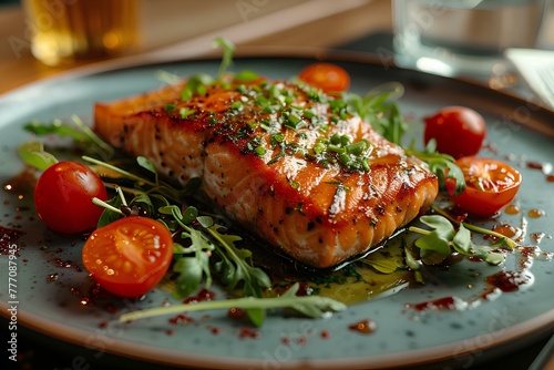 Grilled salmon fillet garnished with herbs.