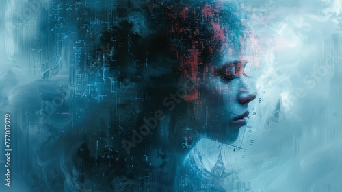 A woman's face is shown in a blue and red color scheme. The image is abstract and has a futuristic feel to it