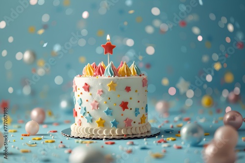 Birthday cake with star candle with stars and colorful sparkles around.