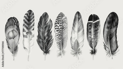A series of black and white feathers are lined up in a row. The feathers vary in size and shape, with some having a more pointed tip and others having a more rounded tip. Scene is one of calmness photo