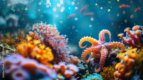 A colorful coral reef with a large orange starfish in the middle. The reef is teeming with life, including fish and other sea creatures. The vibrant colors of the coral © Sodapeaw