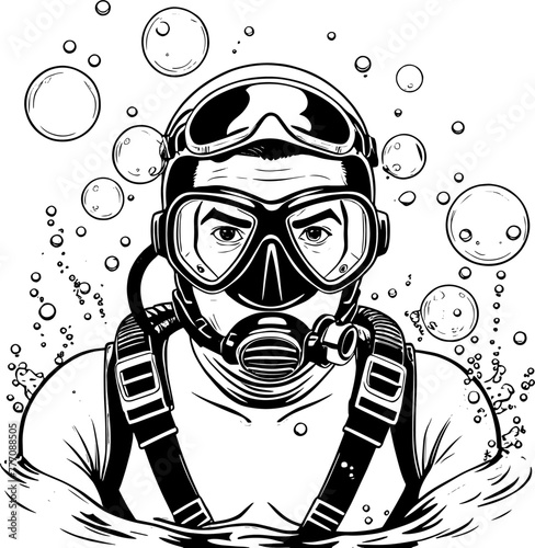 Black and white portrait of a scuba diver wearing mask and regulator | Vectorised illustration