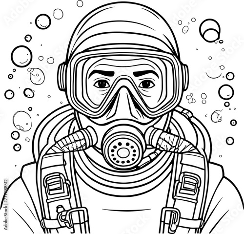 Black and white portrait of a scuba diver wearing mask and regulator | Vectorised illustration