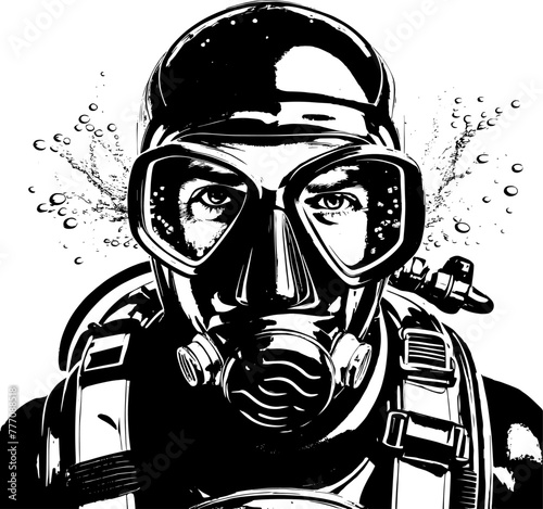 Black and white portrait of a scuba diver wearing mask and regulator | Vectorised illustration photo