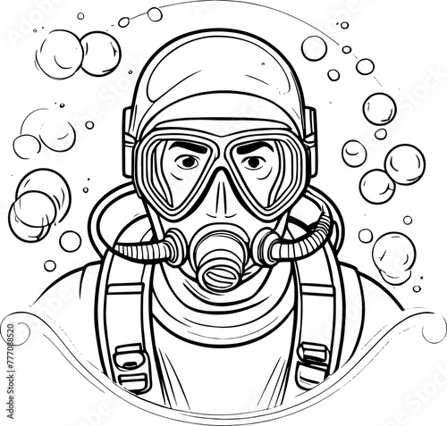 Black and white portrait of a scuba diver wearing mask and regulator | Vectorised illustration