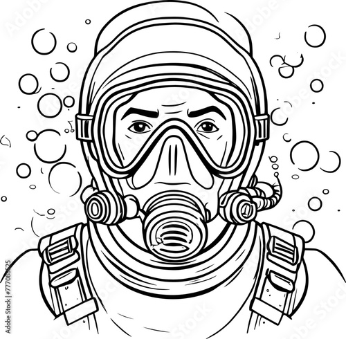 Black and white portrait of a scuba diver wearing mask and regulator | Vectorised illustration
