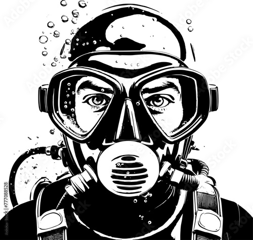 Black and white portrait of a scuba diver wearing mask and regulator | Vectorised illustration photo