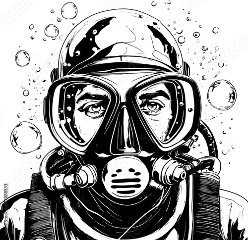 Black and white portrait of a scuba diver wearing mask and regulator | Vectorised illustration