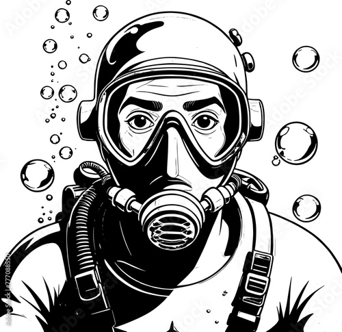 Black and white portrait of a scuba diver wearing mask and regulator | Vectorised illustration