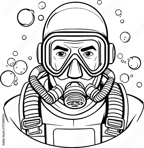 Black and white portrait of a scuba diver wearing mask and regulator | Vectorised illustration