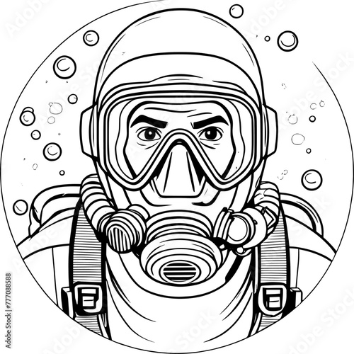 Black and white portrait of a scuba diver wearing mask and regulator | Vectorised illustration