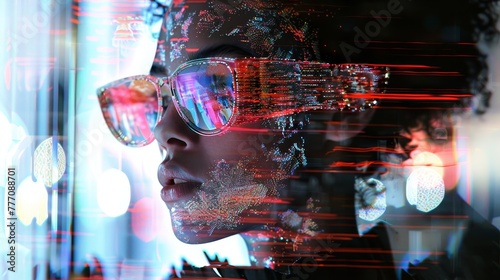 A woman wearing sunglasses is staring at a computer screen. The image is a digital rendering of a woman's face, with a blurry background and a cityscape in the background
