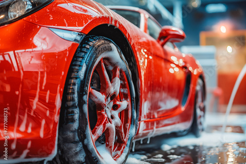 Red Sports car Wheels Covered in Shampoo Being Rubbed by a Soft Sponge at a Stylish Dealership Car Wash. Performance Vehicle Being Washed in a Detailing Studio