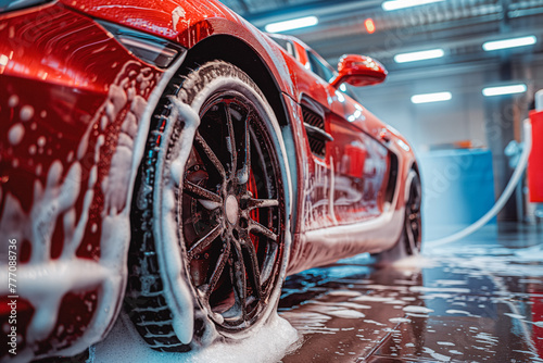 Red Sports car Wheels Covered in Shampoo Being Rubbed by a Soft Sponge at a Stylish Dealership Car Wash. Performance Vehicle Being Washed in a Detailing Studio