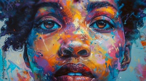 A colorful painting of a woman's face with a lot of paint splatters. The painting is abstract and has a lot of different colors