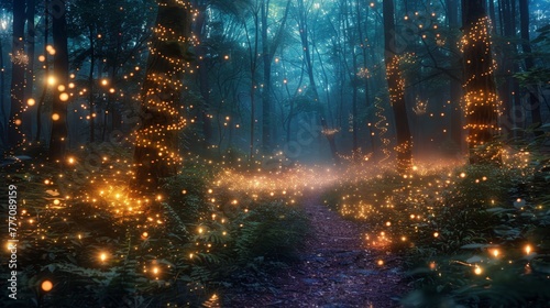 A forest with glowing lights on the trees. The lights are twinkling and creating a magical atmosphere