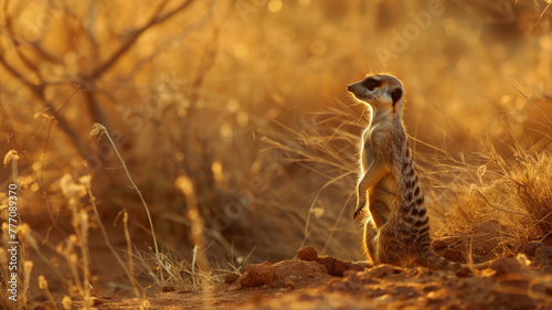 A curious meerkat standing upright on its hind legs, scanning the surroundings.