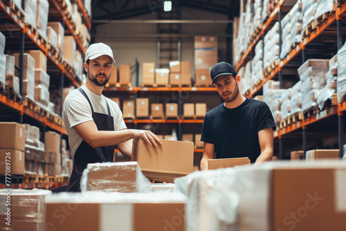 Warehouse workers preparing boxes with products for transport. Two male colleagues standing in warehouse and counting packages.