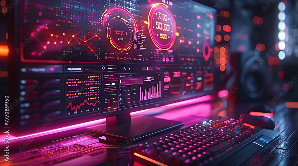 A computer monitor displays an advanced network dashboard, where neon paths represent data moving through a digital landscape. A computer monitor displays an advanced network dashboard, where neon paths represent data moving through a digital landscape.