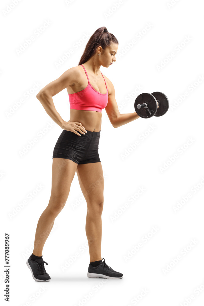 Female exercising with a dumbbell isolated on white background Female exercising with a dumbbell isolated on white background