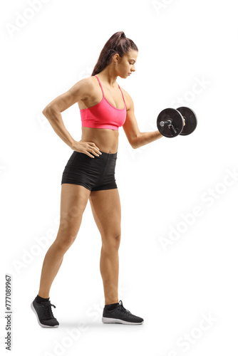 Female exercising with a dumbbell isolated on white background