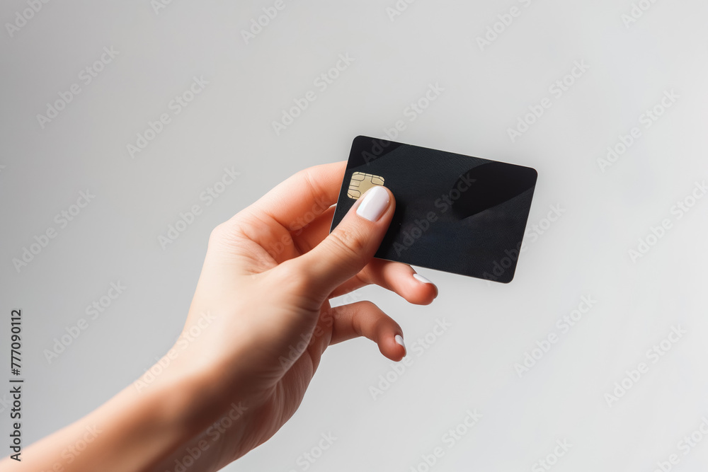 Woman hand holding credit card isolated over white background with clipping path. Full Depth of field. Focus stacking. Woman hand holding credit card isolated over white background with clipping path. Full Depth of field. Focus stacking.