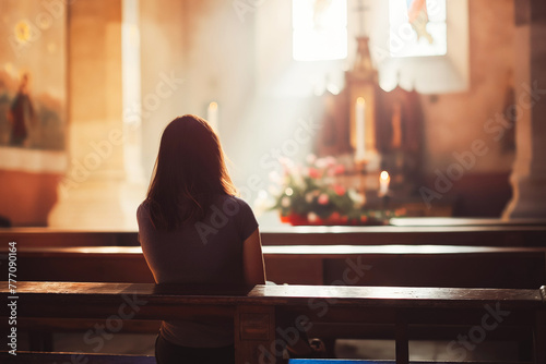 Religious unrecognizable Woman sitting alone in silence in small empty church and praying © VisualProduction