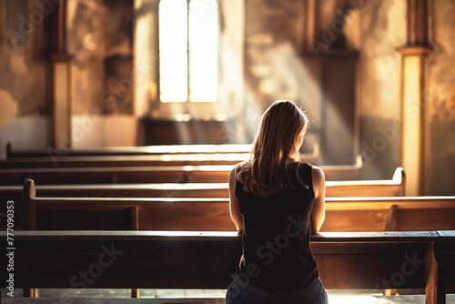 Religious unrecognizable Woman sitting alone in silence in small empty church and praying photo