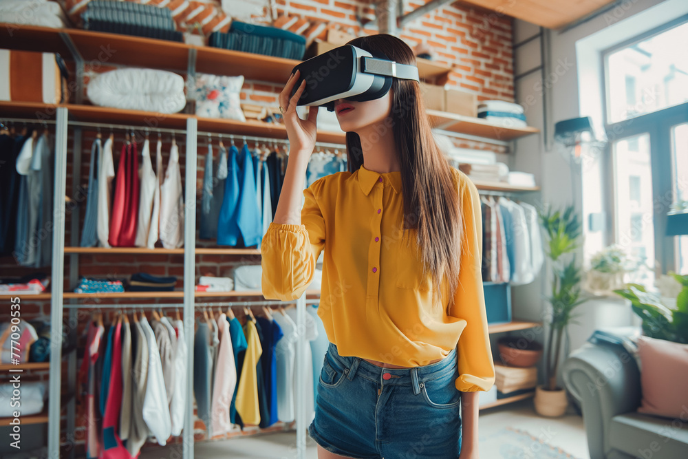 Fototapeta premium Young Beatiful Women is Using Virtual Reality Headset for Doing an Online Shopping In Stylish Loft Apartment. Casualy Dressed Female is Using Innovative Softwear to Purchase Cloth. 3D Website Concept.