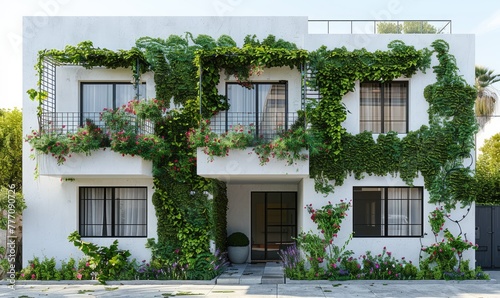 A white minimalist house with an exterior wall decorated with green plants and flowers photo