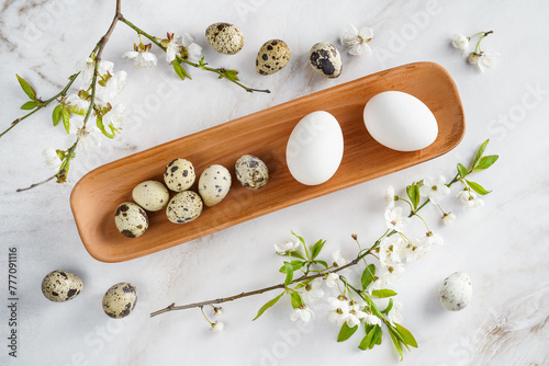 a long serving plate with chicken and quail eggs on a marble background. spring flowering tree branches, preparation for Easter, Easter card, table setting for the holiday, fresh eggs © Маргарита Трушина