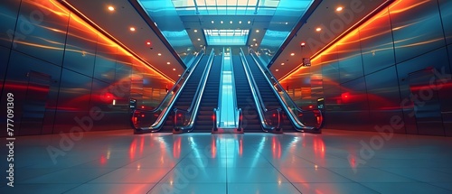 The convenience and efficiency of modern shopping mall escalators - automated moving technology. Concept Modern Shopping Malls, Escalator Efficiency, Automated Technology, Travel Convenience