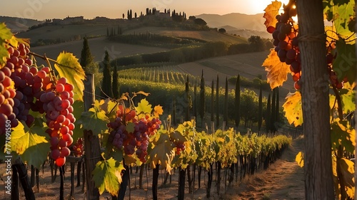 A stunning autumn scene in Tuscany, Italy, with ripe red grapes hanging from the vineyards as the sun sets in the background.