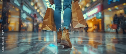 Unidentified woman in casual attire with shopping bags in bright mall. Concept Fashion Photoshoot, Shopping Spree, Retail Therapy, Mall Exploration, Casual Outfit